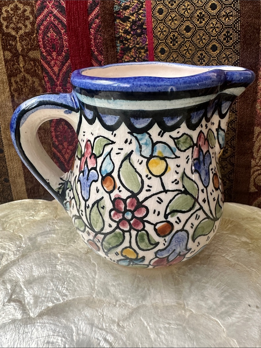 Hand-Painted Floral Ceramic Pitcher - Blue Trim